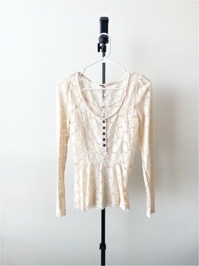 Free People Long-Sleeve Cream & Pink Top Size S